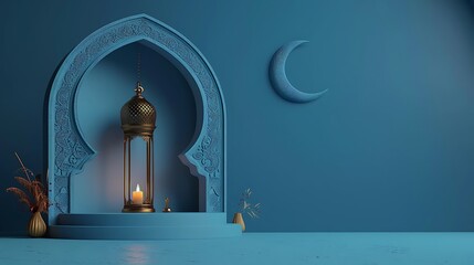 Islamic decoration background with lantern and crescent moon luxury style, ramadan kareem, mawlid, iftar, isra miraj, eid al fitr adha, muharram, copy space text area, 3D illustration. Generative Ai - obrazy, fototapety, plakaty