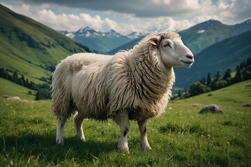 Fototapeta premium A fluffy white sheep stands in a lush green field, surrounded by towering mountains in the distance. 