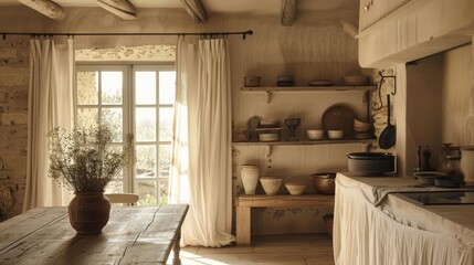 Rustic Kitchen with Linen Curtains and Country Vases