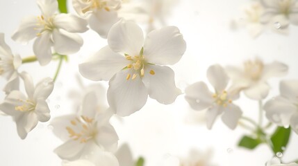 Jasmine bloom. A beautifull white flower of Jasmine falling in the air isolated on white background. Levitation or zero gravity concept. High resolution image. Generative Ai