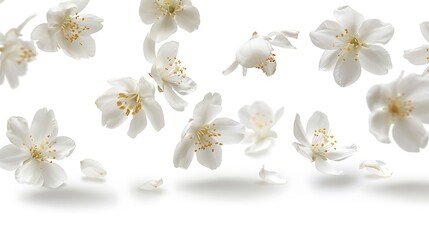 Jasmine bloom. A beautifull white flower of Jasmine falling in the air isolated on white background. Levitation or zero gravity concept. High resolution image. Generative Ai