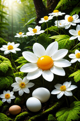 A Surreal Artistic Concept Illustrating a Fried Egg Flower Amidst Blooming White Petals in a Lush Forest