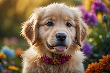 Portrait of a fluffy golden retriever puppy with a vibrant bouquet of flowers in its mouth, set against a dreamy bokeh background.

