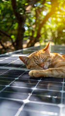 Red cat in the garden sleep on solar panels