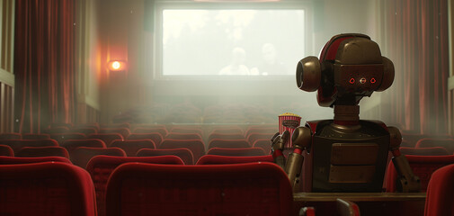 A robot alone in cinema watching a movie with popcorn. 