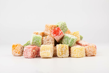 Traditional Turkish delight isolated on white background. Close up.