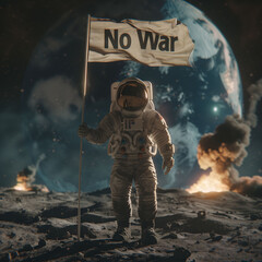 Astronaut on the moon holding a flag with "No War" text,  on the background of earth with nuclear explosions.