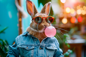 A stylish bunny in a denim jacket  and sunglasses blowing a pink bubble gum bubble