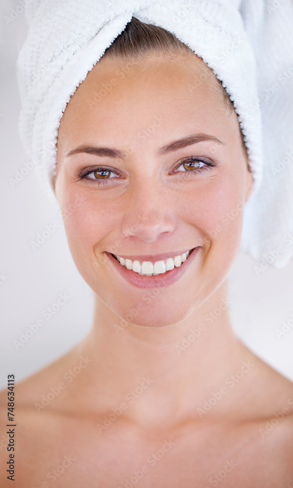 Sticker Woman, face and smile with towel for skincare, dermatology, and cosmetic treatment for beauty. Model, happy person and clear skin for hygiene and cleanse for natural and fresh with bright smile