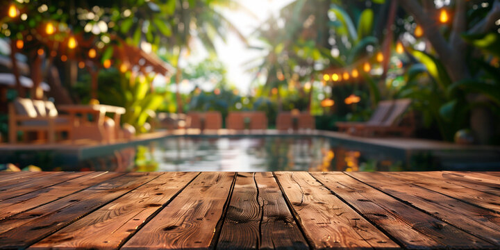 Empty wooden table in front pool bar background, product display montage