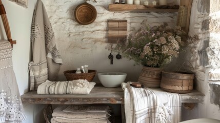 Fototapeta na wymiar Rustic Linen Bathrobes and Handwoven Towels