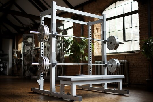 A high resolution image of a gym interior with a neatly arranged rack of dumbbells in a fitness and workout room.