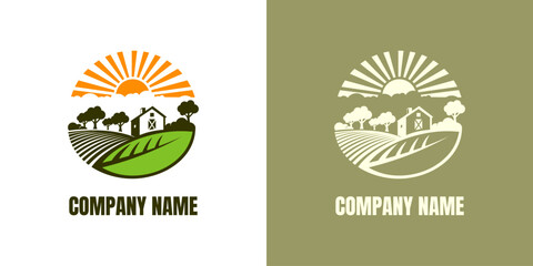 Farm House concept logo. Template with farm landscape. Black logotype isolated on white background. Vector illustration.