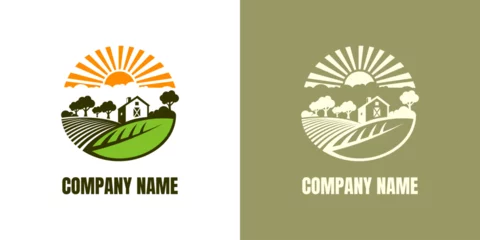 Zelfklevend Fotobehang Farm House concept logo. Template with farm landscape. Black logotype isolated on white background. Vector illustration. © svsetyo