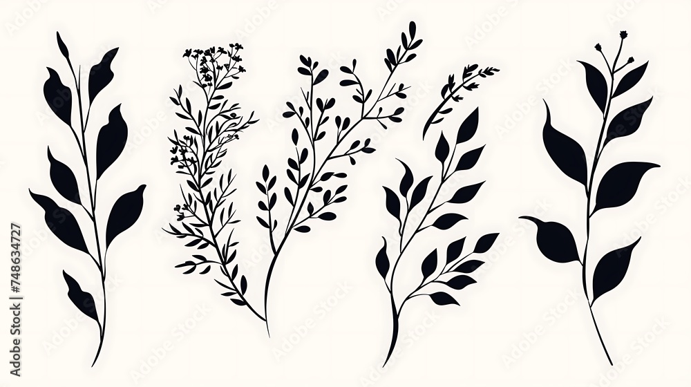 Wall mural minimal feminine botanical floral branch in silhouette style. hand drawn wedding herb, minimalistic 