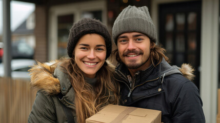 A young couple smiling and holding moving boxes Standing in front of the new Dutch house 