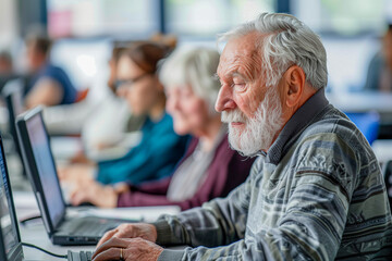 Older man in a computer class, learning how to use new technologies, in a class of older people.