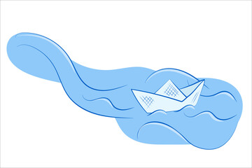 Paper boat floats on the water of spring stream. Simple vector drawing flat style for the design of postcards, notepads, maps, travel, social posts, social pages, poems, crafts with children