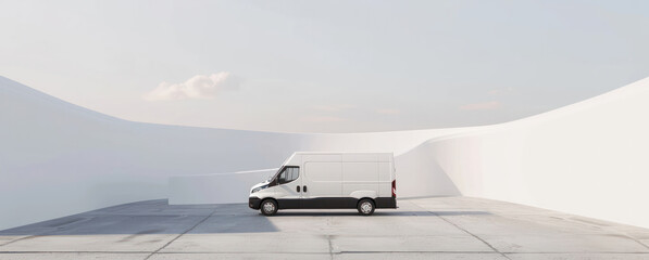 A white cargo van on white background In the elongated style Scale contrast big minimalist.