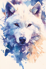 White wolf head with cool-tone watercolor splashes. Watercolor illustration on white background. Wild canine and winter concept for design and print.