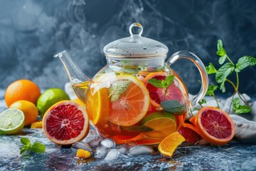 Hot fruit tea with lemon, mint, orange, lime and grapefruit in a beautiful glass teapot 