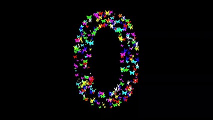 Beautiful illustration of number 0 with colorful butterflies on plain black background