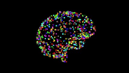 Beautiful illustration of human brain shape with colorful pixel particles on plain black background
