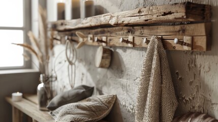 Fototapeta na wymiar Rustic Handcrafted Wooden Hooks in Cozy Interiors