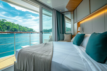 Modern first class cabin on a passenger cruise ship with queen-size bed - obrazy, fototapety, plakaty
