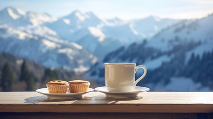 Obraz na płótnie Canvas cups of tea sit on a window sill with snowy mountain 