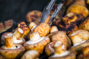 grilled champignon mushrooms closeup