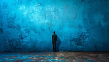 Loneliness Concept Person Against Blue Wall in Captivating Stock Image - obrazy, fototapety, plakaty