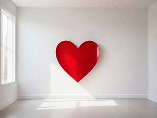 A vibrant red heart, perfectly symmetrical, floating in a minimalist studio space with clean white walls and natural light pouring in from a large window.

