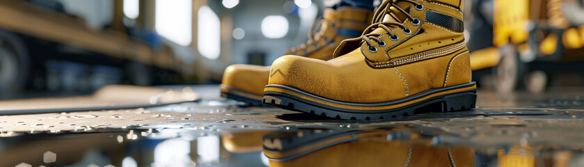 Construct a 3D image of high standard safety footwear for factory settings emphasizing strong materials and sleek design under clear natural lighting