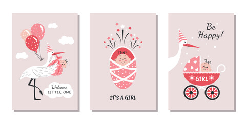 A set of templates for birthday greeting cards for a newborn girl and invitations to a baby shower, vector illustration