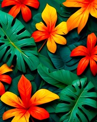 Naklejka premium Vibrant tropical foliage and flowers contrast beautifully against a rich, dark background