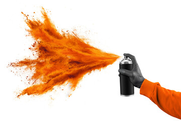 hand with black glove sweatshirt and color spray can with bright orange red paint powder cloud explosion isolated white panorama background. industry art and graffiti concept. - 748636919