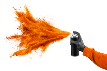 hand with black glove sweatshirt and color spray can with bright orange red paint powder cloud explosion isolated white panorama background. industry art and graffiti concept.