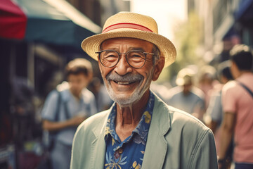 Elderly man with a cheerful smile. Grandfather in glasses and fashionable clothes on vacation. Cheerful retired grandfather in bright clothes. Elderly man with a face smile. Happy pensioner with smile - obrazy, fototapety, plakaty
