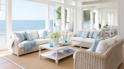 Obraz premium A bright and airy coastal living room with comfortable seating, ocean view, and a light, breezy decor.