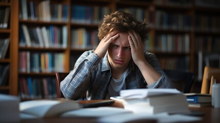 Male student is stressed,Exam stressed sad boy at library