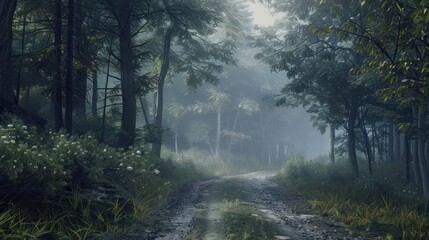 Obraz premium Forest road with misty distance