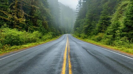 Forest road with misty distance