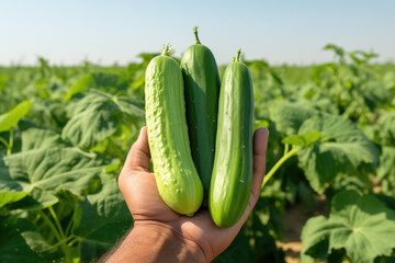 A hand displays three fresh cucumbers with a lush cucumber plant field in the background.