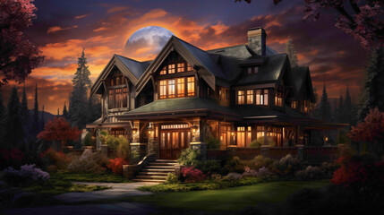 Above it all, witness the serene magnificence of a traditional craftsman home, its deep mahogany features radiating warmth under the moon's gentle gaze. - obrazy, fototapety, plakaty