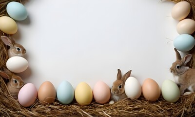 Frame of Easter eggs and myrtle, Easter bunny.