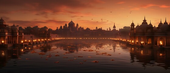 Diwali holiday. View of a temple from water. Adorned decorated with Diya oil lamps.