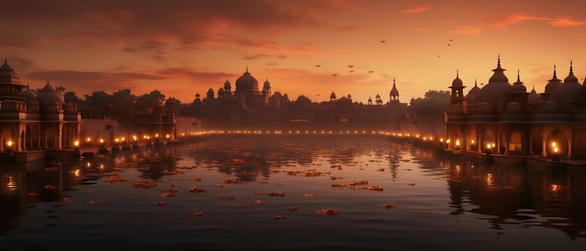 Diwali holiday. View of a temple from water. Adorned decorated with Diya oil lamps. - Powered by Adobe