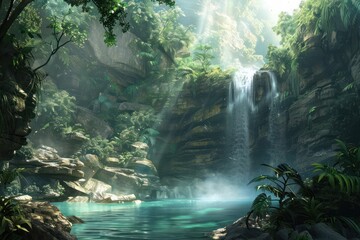 Waterfall cascading down rugged cliffs into a crystal-clear pool below, surrounded by lush greenery...