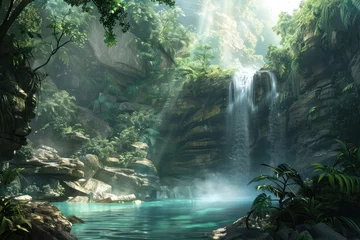 Foto op Canvas Waterfall cascading down rugged cliffs into a crystal-clear pool below, surrounded by lush greenery and mist rising into the air. © Straxer